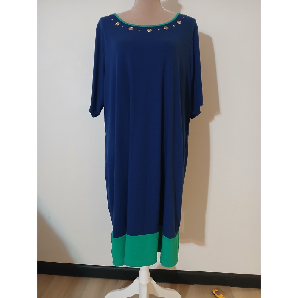 Quacker Factory 2x Jeanne Bice Blue Green Rhinestone Knit Dress Womens
